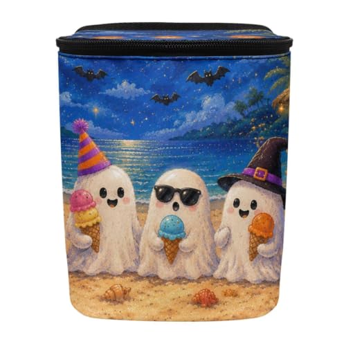 Image of Talayituse Beach Ghost Pumpkin Bat Print Car Trash Can with Lid, Leak Proof Auto Trash Bag Hanging Vehicle Garbage Can Multipurpose Storage Container for Back Seat Road Trip Halloween Decor