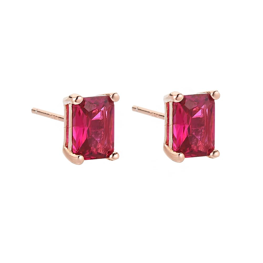 Simpli Basic - Emerald Cut Ruby Cubic Zirconia 14k Gold Plated Stud Earrings, Hypoallergenic, Nickel-Free, Butterfly Back