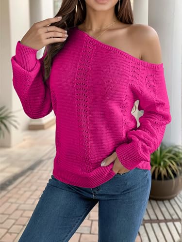 Womens Off The Shoulder Sweaters Long Sleeve Crochet Pullover Shirt Casual Loose Knit Tops 20253