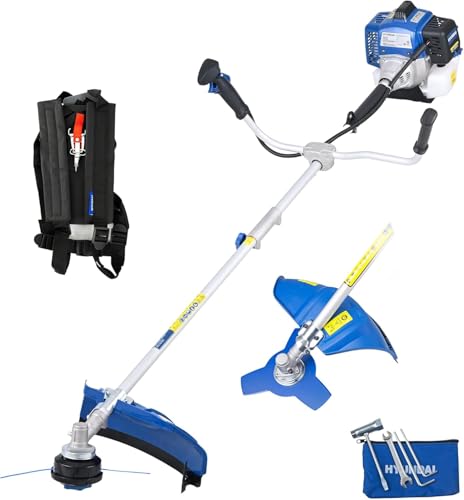 Hyundai Débroussailleuse et Coupe-Bordures Thermique 56 cm3 2-en-1, Lame Acier 3 Dents et Tête Nylon 43 cm, Arbre Divisible, Harnais Inclus, Garantie 3 Ans -...