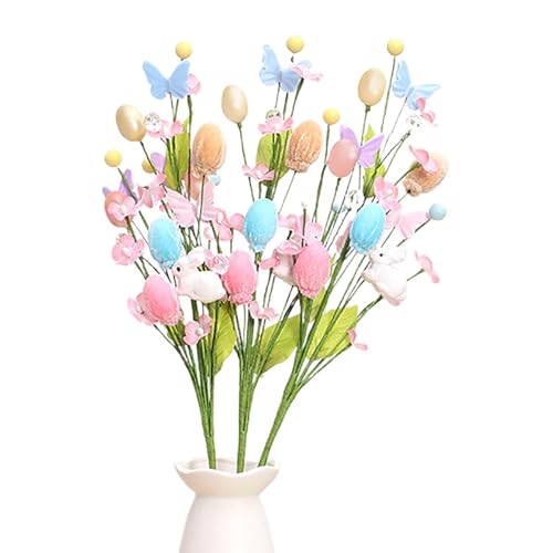 3 Piezas de Flores Artificiales de Pascua, Spray de Pascua con Huevos y Bayas Coloridas, Tallos de Flores de Primavera, Ramas de Ramitas de Huevos de Pascua para el Hogar,
