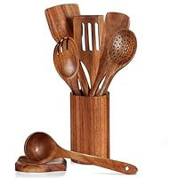 BEWOS Holz - Küchenutensilien Set 8-teilig - antihaftbeschichtet Kochlöffel & Kratzschutz Pfannenwender, Mit Holzspatel, Drainage-Ständer & Salatbesteck Holz, Geeignet für die tägliche Küche zu Hause