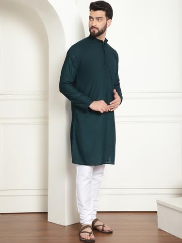 Image of SOJANYA (Since 1958 Men's Cotton Embroidered Thread Work Kurta With white churidar Pyjama