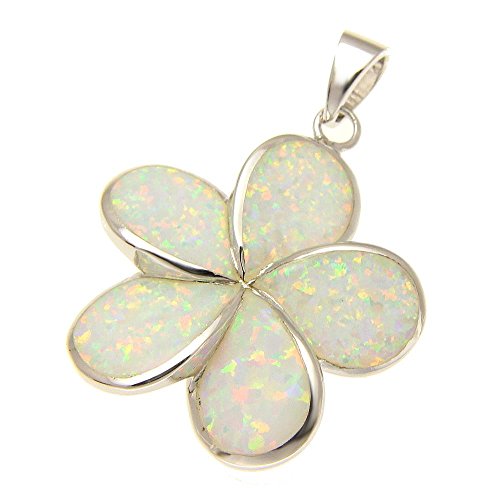 Arthur's Jewelry 925 Sterling silver white synthetic opal Hawaiian plumeria flower pendant 25mm2