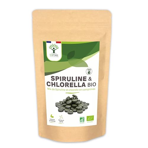 Spiruline + Chlorella Bio - Bioptimal - Complément Alimentaire - Multivitamines - Protéine BCAA Fer Phycocyanine Chlorophylle - 500 mg - Conditionné en France - Certifié par Ecocert - 150 comprimés