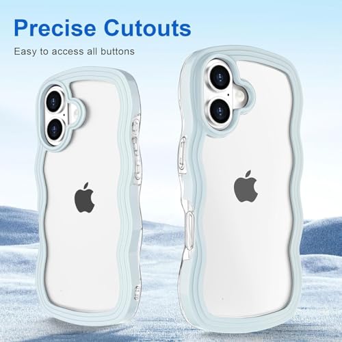 Image of GoldKart iPhone 16 Case Wavy Edge Clear Back Design, Anti-Slip Grip Cute Wave Curly Frame Shape Shockproof Soft TPU & Hard PC Bumper Protective Phone Case Cover for Women Girls - Light Blue