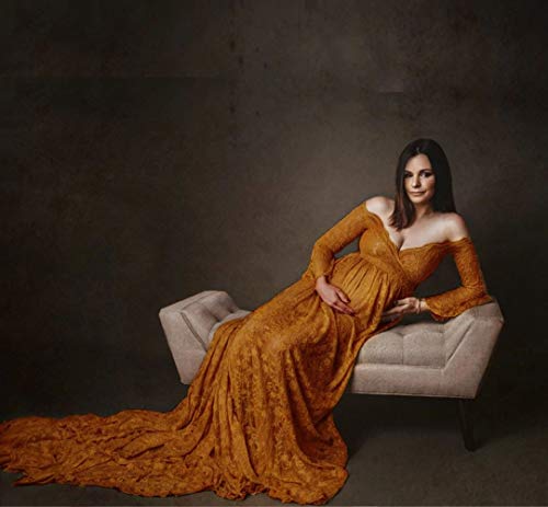 Ziumudy Lace Maternity Floral Off Shoulder Photography Gown Flared Long Sleeve Maxi Photo Shoot Wedding Dress (Mustard Yellow, X-Large) #TOP4