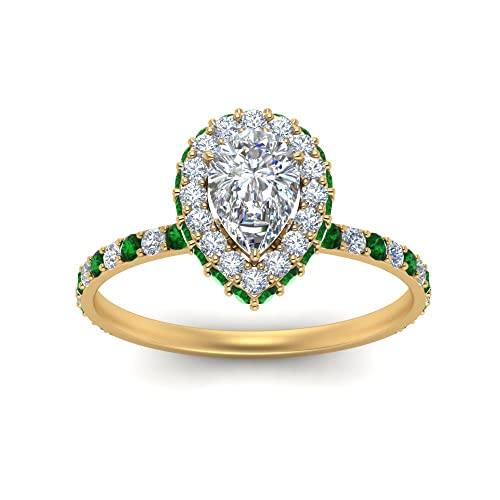 Image of Choose Your Gemstone Pave Rollover Pear Halo Engagement Ring Yellow Gold Plated Pear Shape Halo Engagement Rings Matching Jewelry Wedding Jewelry Easy to Wear Gifts US Size 4 to 12