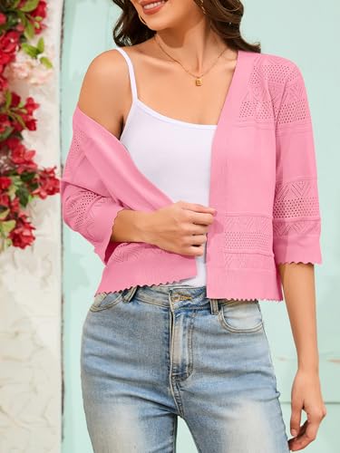 Women's 2025 Cropped Cardigan 3/4 Sleeve Lightweight Crochet Shrug Hollowed-Out Knit Sweater Tops S-XXL4