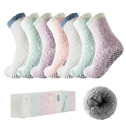 Image of Bulinlulu Fuzzy Socks with Grips Plush Sleep Cozy Winter Soft Hospital Fluffy Socks for Womens Mens Gifts