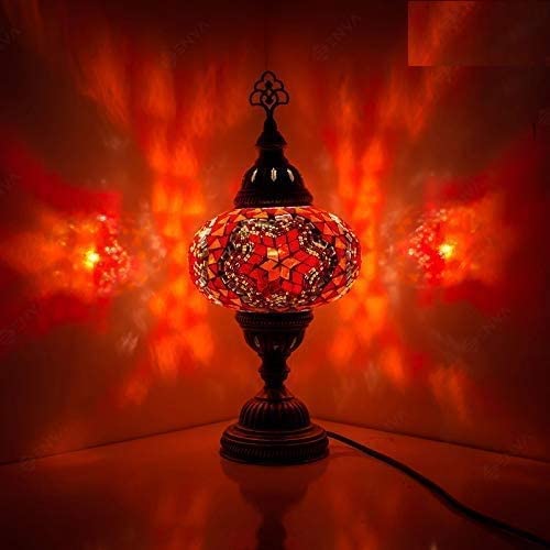 ENVA Turkish Moroccan Style Mosaic Multicoloured Desk Table Lamp, Bronze Base, Unique Light Large Globe (3011)