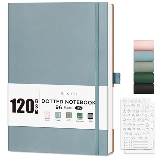 EMSHOI Cuaderno B5 con puntos, papel grueso de 120 g/m², 19,5 x 25,5 cm, cuadrícula de puntos grande para diario con 96 páginas, plantillas de diario, cuero de tapa blanda, bolsillo interior, gris y