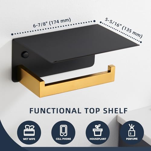 Image of Angle Simple Toilet Paper Holder with Shelf, Black and Gold