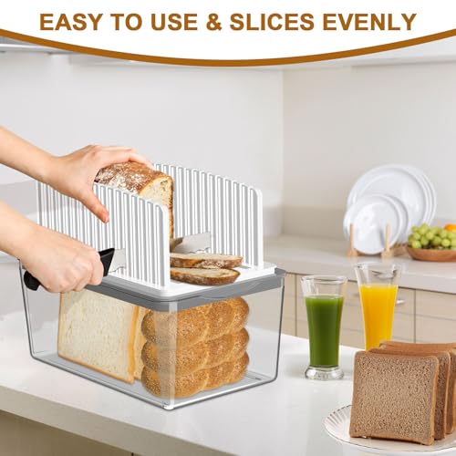 Upgraded Bread Slicer for Homemade Bread with Bread Box, Adjustable Width Bread Cutting Guide, Compact Folding Cutting Guide with Crumb Tray, Suitable for Homemade Bread, Bagels, Cakes.