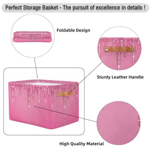 Image of Pink Sparkly Storage Baskets for Organizing, Fabric Collapsible Storage Bins Box Pink Glitter DecorativeToy Organizer Baskets for Closet Shelves Gift Basket 2Pcs