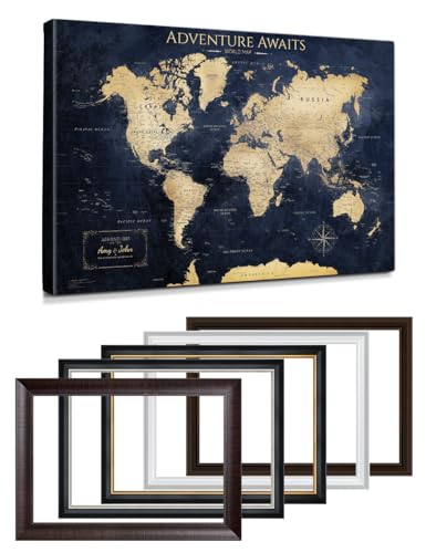 IPIC - Personalized Framed World Map for Wall Decor, Large Pinnable World Map to Mark Travels, Custom Artwork with Names, World Travel Map for Home, Office, Study, and RV, Ready to Hang