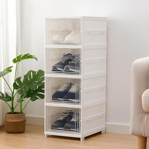 Image of RAYMOX 4 Tier Collapsible Shoe Rack with Door | Heavy Duty Plastic Sneaker Crates | Transparent Shoe Boxes | Sneaker Shoe Stand | Organiser for Heels, Boots, Loafers, Slippers