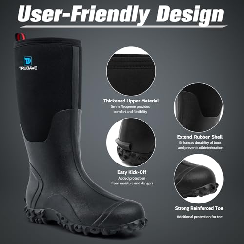 Image of Trudave Rubber Boots for Men with Steel Shank, Waterproof Insulated Reliable Rain Boots for Outdoor Work Hunting, Warm Dry 5mm Neoprene Anti-slip All-Season Mud Boots, Size 5-14