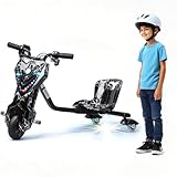 sxvbdway Electric Drift Trike for Kids, Drift Cart, Big Wheel Drifting Tricycle, Kid Ride on Tricycles for Ages 8+, with Adjustable Seat, 9 Miles/h Speed, Adjustable Length, with Light Black White