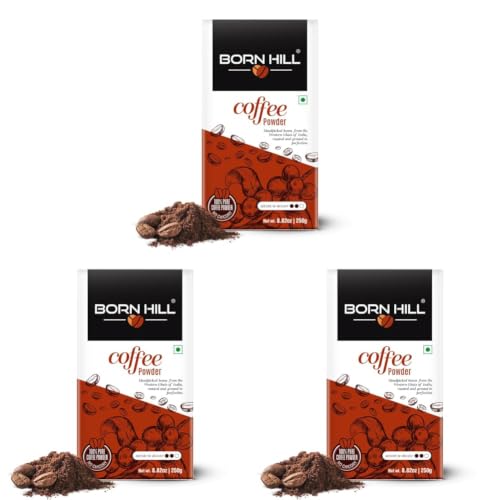 Image of BORN HILL Coffee Powder 250G | Aromatic & Strong Filter Coffee Blend | Perfect For Moka Pots And Coffee Machines | Freshly Roasted & Ground | Medium Roast | 0% Chicory, Packet (Pack of 3)
