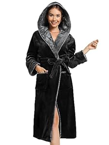 vislivin Bademantel Damen mit Kapuze Flauschig Bademantel Lang Warm Morgenmantel Fleece Robe Women Black M