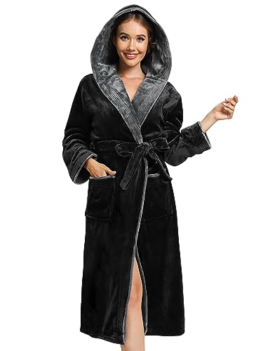 vislivin Bademantel Damen mit Kapuze Flauschig Bademantel Lang Warm Morgenmantel Fleece Robe Women Black M
