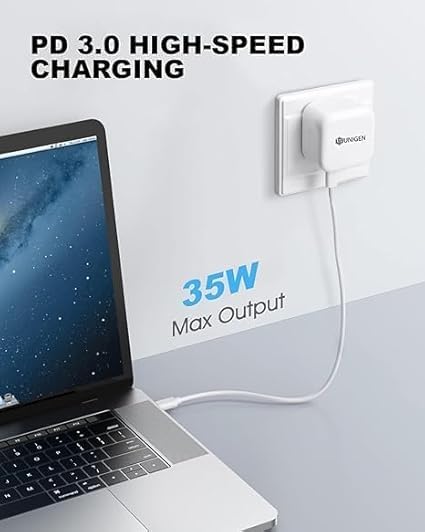 Image of Original 35W Dual PD 3.0 GaN USB-C Port Compact Power Adapter Plug Fast Wall Charger Adapter Compatible for iPhone, AirPods, MacBook Air & Other Smartphones (DEC128)