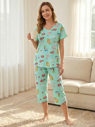 Image of CHUNG Women Cotton Pajama Sets Sleepwear pjs Short Sleeve Shirt Capri Length Crop Pants Cute Vivid Print