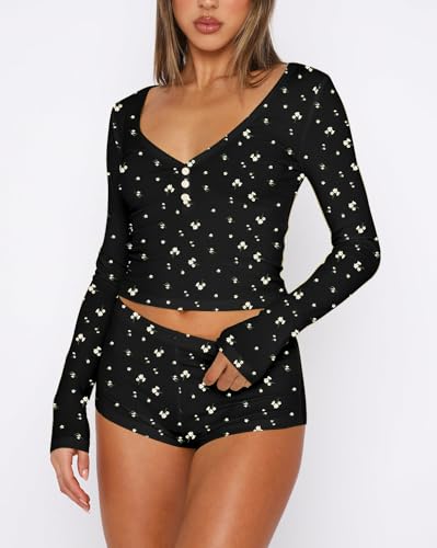 Image of INFITTY Womens Sexy Vneck 2 Piece Sets Casual Long Sleeve Button Short Pajama Outfit 2026 Trendy Crop Top Nightwear