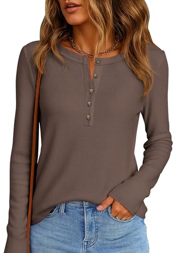 Image of PRETTYGARDEN Women's Long Sleeve Waffle Knit Henley Shirts Loose Tunic Tops