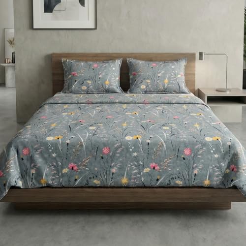 Image of Home Sizzler Microfibre Delicate Floral Printed All-Around Elastic Fitted King Size Bedsheet (72 X 78) with 2 Pillow Covers - Grey /Blue