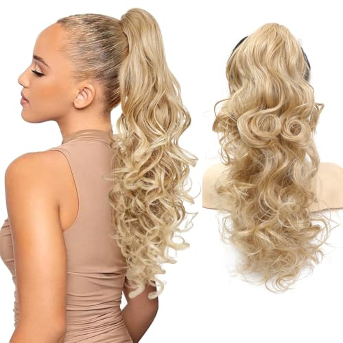 Image of 24 inch Ponytail Extension, Long Curly Wavy Claw Clip and Natural-Looking Synthetic Hairpiece, Voluminous Hair Extensions for Women Daily Wear. (Medium Blonde Highlights, 24Inch)