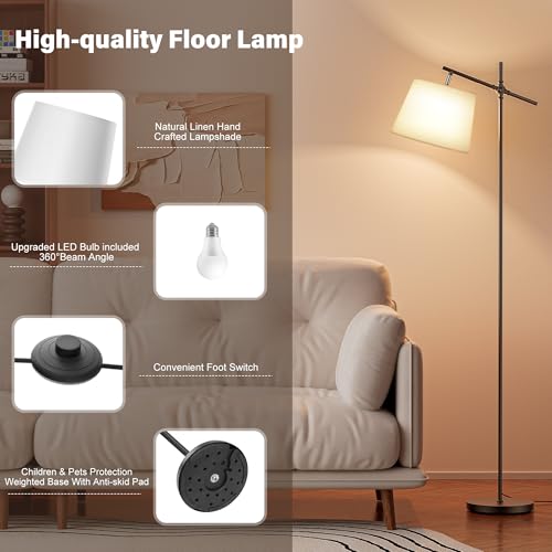 Image of SIBRILLE Floor Lamp with Linen Shade, Dimmable Tall Standing Lamp with Remote Control & 3 Color Temperatures Bulb, Modern Swing Arm Floor Lamps for Living Room Bedroom Office Corner