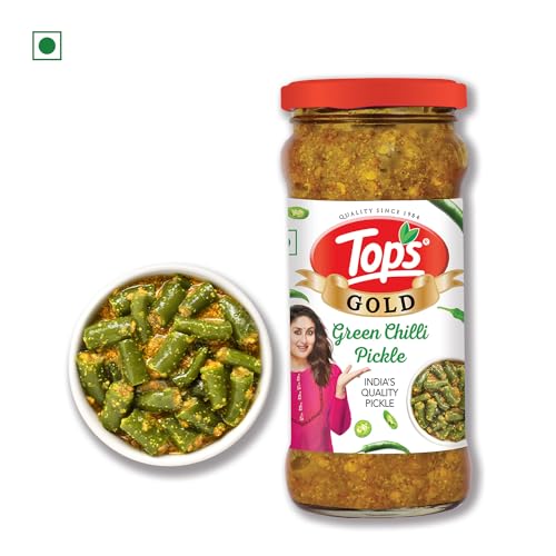 TOPS Pickle Green Chilli -375 gm Glass Bottle|Prepared with the goodness of Mustard Oil | No artificial colours