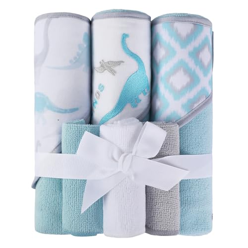 Image of Softan Baby Hooded Towels and Washcloths Set 6 Pack, 28x28 Ultra Soft & Absorbent Baby Bath Towels for Newborn Infant Toddler, Unisex Boys Girls (Blue Dionsaur)