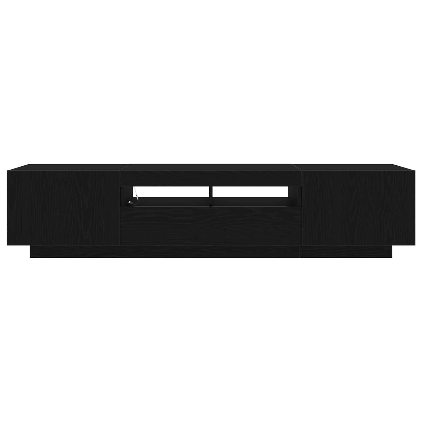 Set mobile TV nero in legno ingegnerizzato con 2 pezzi, design moderno con ripiani, porte a filo, strisce LED USB, ideale per soggiorno e supporto televisore