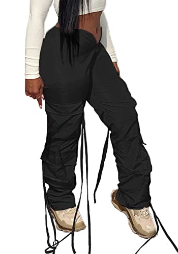 Womens Cargo Parachute Pants Y2K Baggy Trendy Stretch Low Rise Pants with Pockets