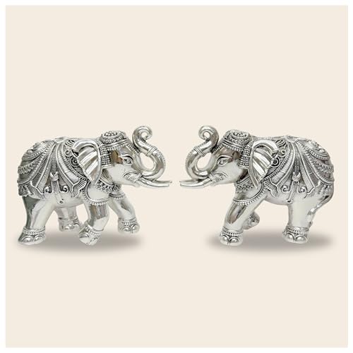 Image of 999 Pure Silver Plated Elephant Figurine Pack of 2 | 5 Inch Vastu & Good Luck Statues for Office Desk Decor, Puja Room & Altar | Spiritual Showpiece & Elegant Spiritual Gift Idea