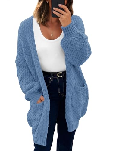 Saodimallsu Womens Oversized Open Front Cardigans Fall Chunky Knit Lantern Long Sleeve Sweater Coats with Pockets