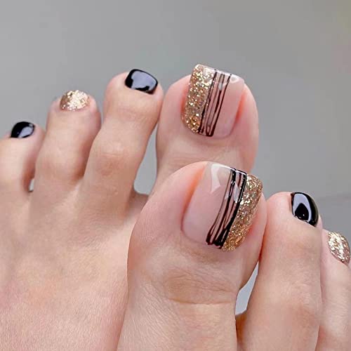 French Press on Toenails Black Line Gold Glitter Design Fake Toenails Summer Full Cover False Toenails Fashion Square Short Removable Acrylic Toe Nails Fake Nails for Women 24pcs
