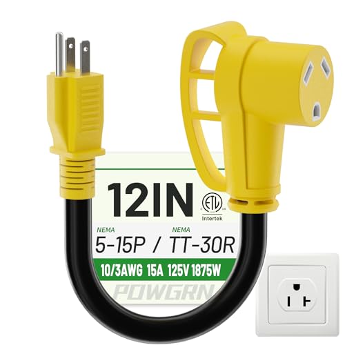 POWGRN RV 30 Amp to 110 Adapter 12 inch Heavy Duty 10/3 Gauge RV Electrical Adapter NEMA 5-15P Male to NEMA TT-30R Female STW 10AWG 15A 125V 1875W Black-Yellow ETL Listed
