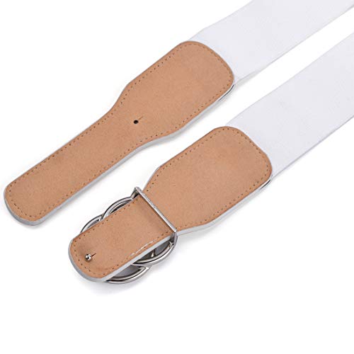 Beltox Women’s Elastic Stretch Wide Waist Belts W Double Rings Gold/Silver Buckle (White W Silver Buckle, Xs-L(27-35 Inch Stretch Range)) #TOP4