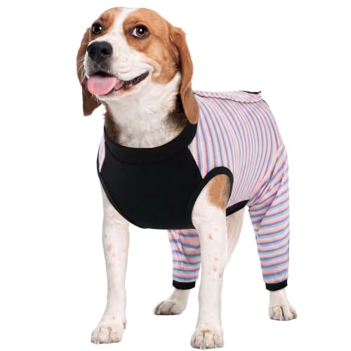Image of Kuoser Dog Recovery Suit with Anti Licking Rear Leg Sleeve, Purple L | Abdominal Dog Surgical Suit with Pants Cover Protect Wounds, Dogs Elbow Protector Soft Pet Surgery Onesie Cone Alternative