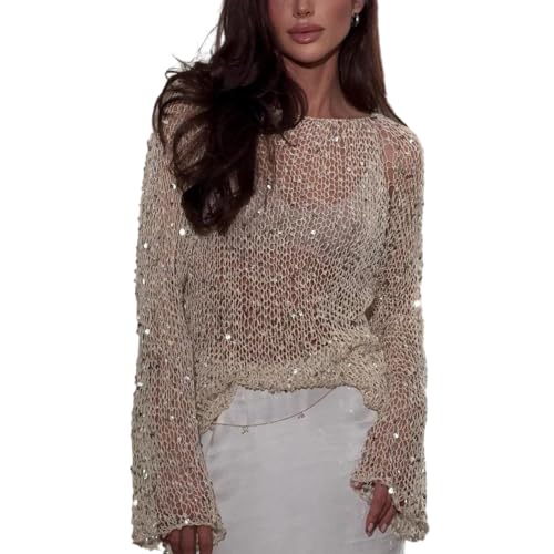 GCZREN Women Sexy Sequin Crochet Sheer Mesh See Through Pullover