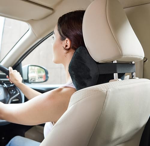 Image of amazon basics Car Seat, Office Chair Orthopedic Headrest Pillow, 100% Memory Foam - Neck, Cervical Pain Relief, Best for Long & Short Travel | Washable Cover, 1 Year Warranty | Black, 21.5 x 26.5 x 13 Cm