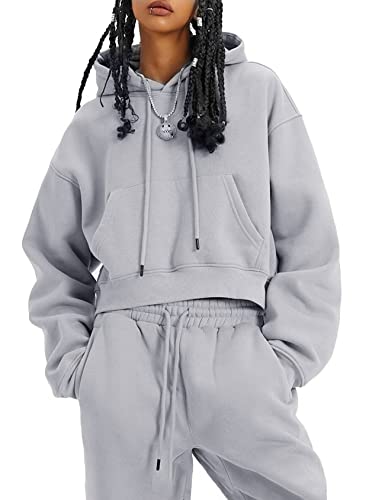 Image of Flygo Womens Fleece 2 Piece Outfits Fall Crop Pullover Jogger Sweatsuit Set