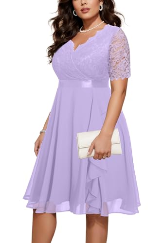 Image of Talisea Plus Size Wedding Guest Dress - Formal Cocktail Party Ruffle Elegant Tea Length Lace Chiffon V Neck Midi Dresses