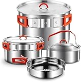 Camping Kochgeschirr Set,Camping Koch Set,304 Edelstahl Campingtöpfe und Pfannen Set,Campinggeräte für Wandern Outdoor Kochen Picknicks für 2-4 Personen