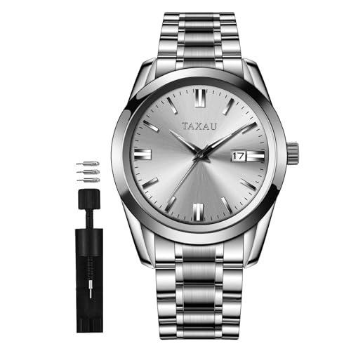 Taxau Silver Watch for Men Stainless Steel Men's Wrist Watches Business Dress Luxury Analog Quartz Mens Silver Watches with Big Face & Date Waterproof Minimalist Classic Casual Watch for Male