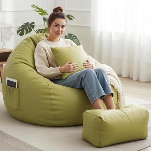 Image of Luxury 5XL Jumbo Bean Bag with Footrest & Cushion | Premium Leatherette | High-Density Beans Filled | Heavy Duty Double Stitch | 6 Months Warranty Color- (Navy Blue) (Olive Green)
